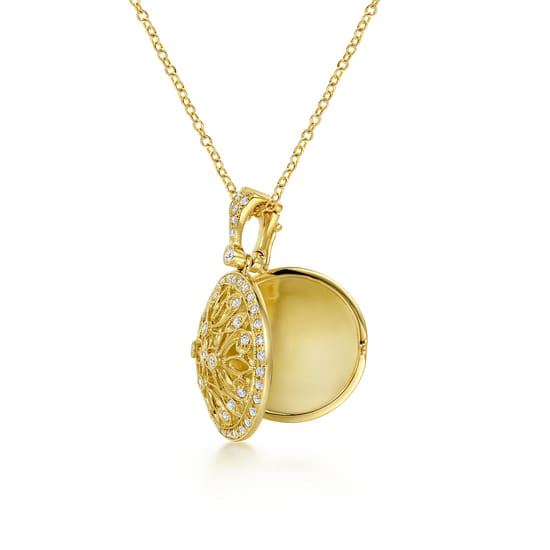 24 inch Vintage Inspired 14K Yellow Gold Filigree Diamond Locket Necklace angle 2 24 inch Vintage Inspired 14K Yellow Gold Filigree Diamond Locket Necklace angle 2