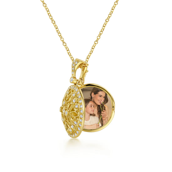 24 inch Vintage Inspired 14K Yellow Gold Filigree Diamond Locket Necklace angle 3 24 inch Vintage Inspired 14K Yellow Gold Filigree Diamond Locket Necklace angle 3