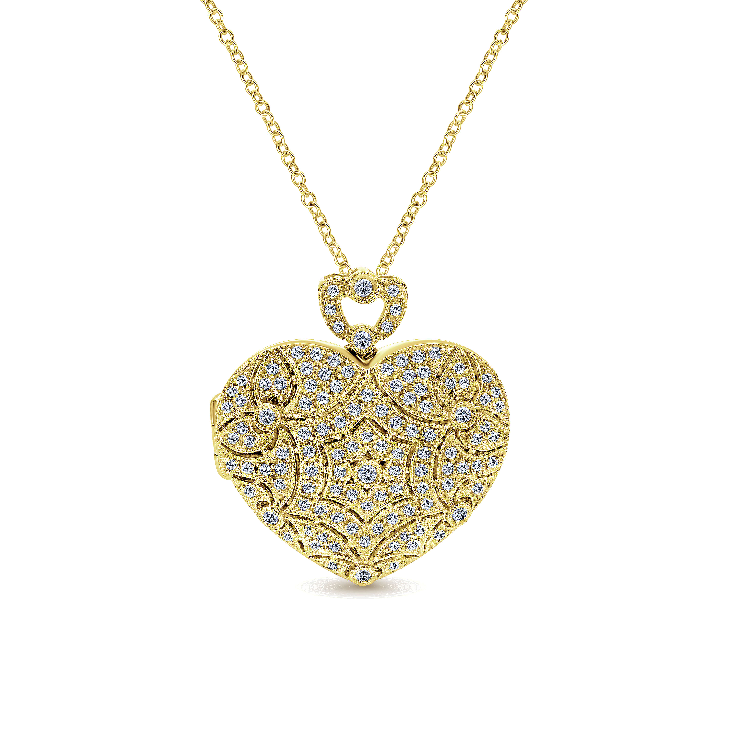 24 inch Vintage Inspired 14K Yellow Gold Heart Shaped Filigree Diamond Locket Necklace