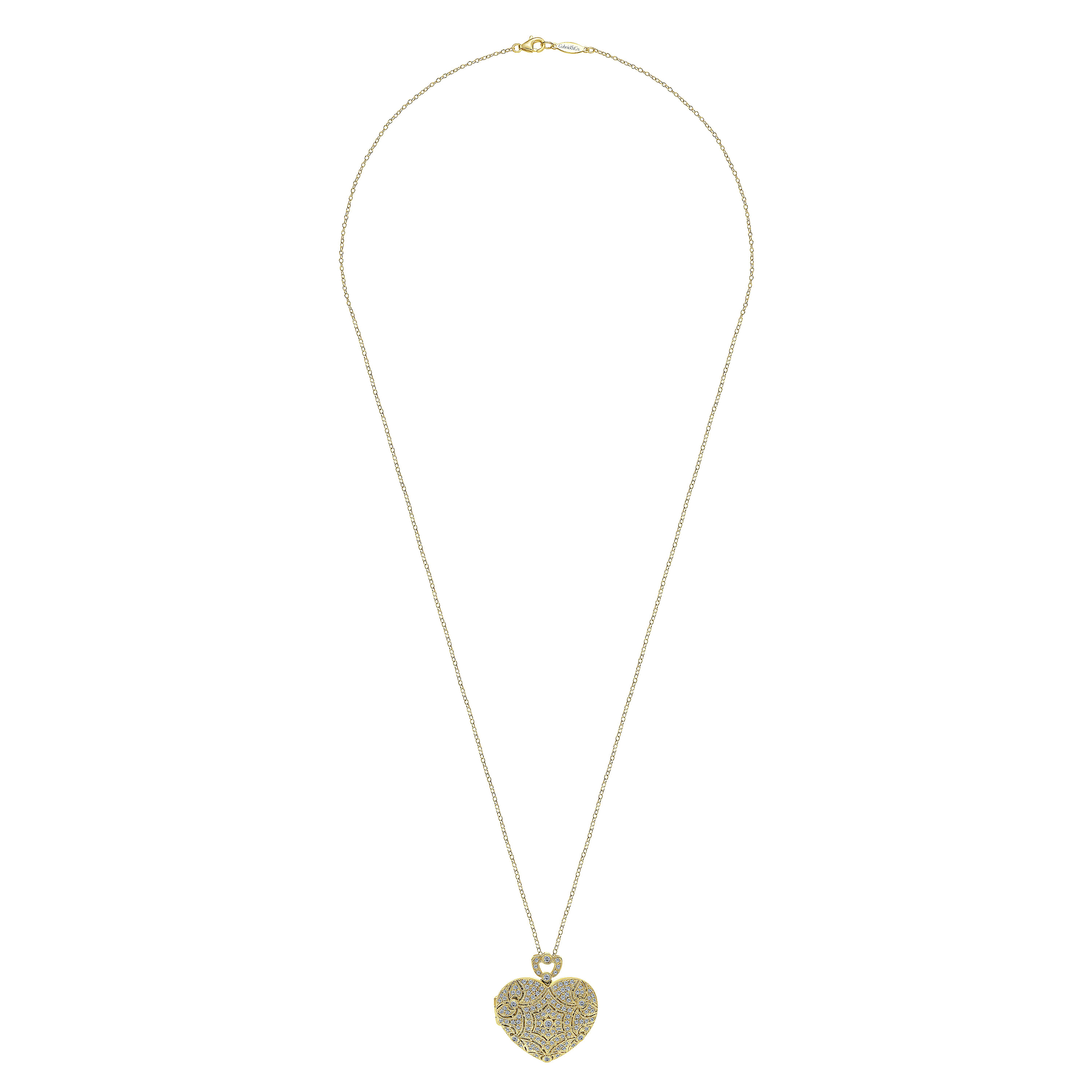 24 inch Vintage Inspired 14K Yellow Gold Heart Shaped Filigree Diamond Locket Necklace