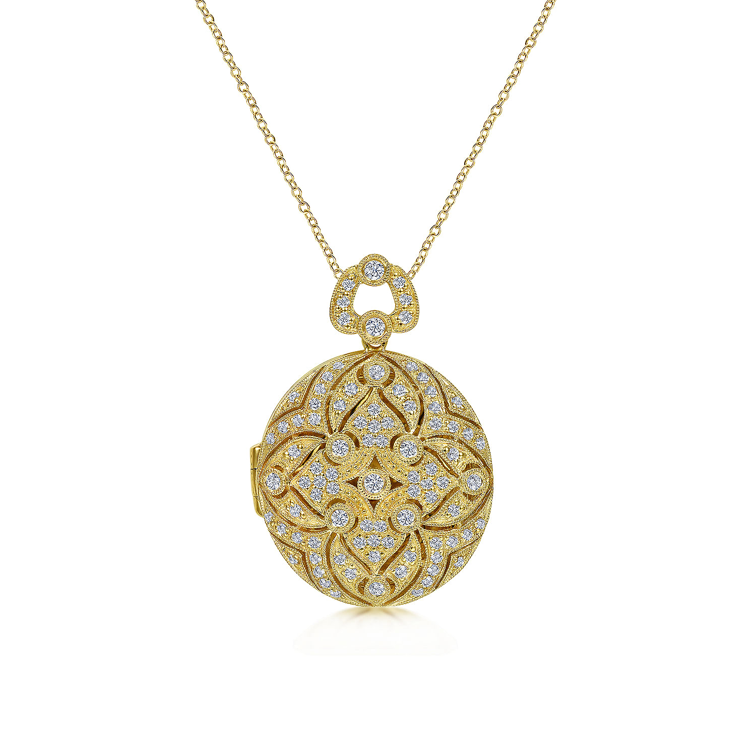 24 inch Vintage Inspired 14K Yellow Gold Round Filigree Diamond Locket Necklace