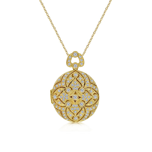 24 inch Vintage Inspired 14K Yellow Gold Round Filigree Diamond Locket Necklace