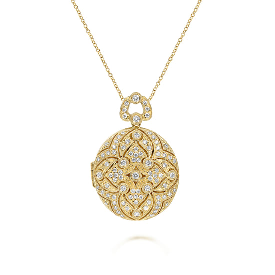 24 inch Vintage Inspired 14K Yellow Gold Round Filigree Diamond Locket Necklace 24 inch Vintage Inspired 14K Yellow Gold Round Filigree Diamond Locket Necklace