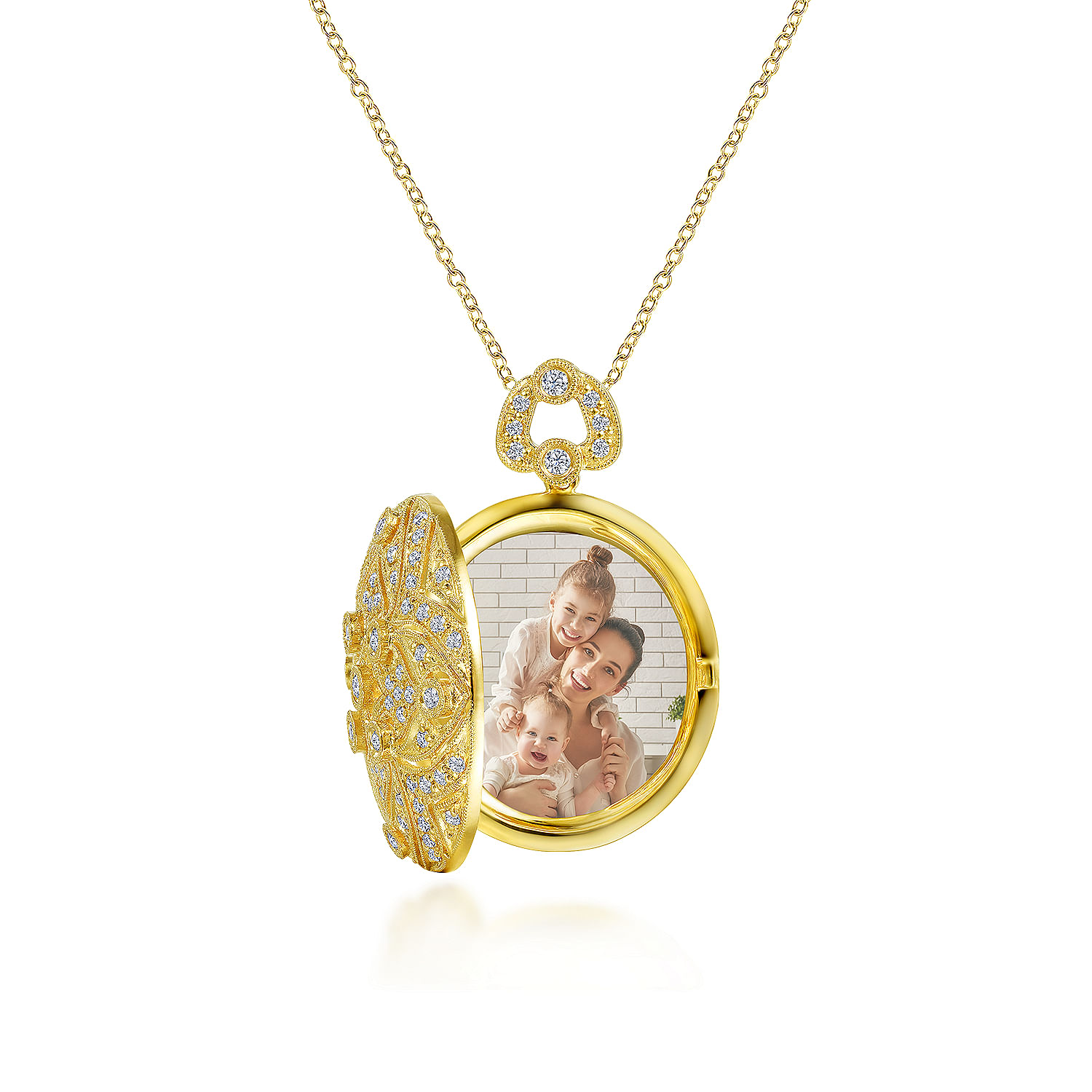 24 inch Vintage Inspired 14K Yellow Gold Round Filigree Diamond Locket Necklace