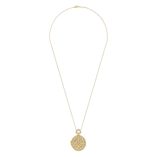 24 inch Vintage Inspired 14K Yellow Gold Round Filigree Diamond Locket Necklace angle 4 24 inch Vintage Inspired 14K Yellow Gold Round Filigree Diamond Locket Necklace angle 4