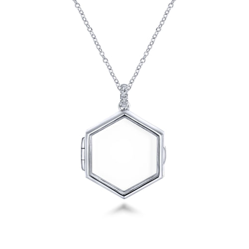 25 inch 14K White Gold Hexagonal Glass Front Locket Necklace