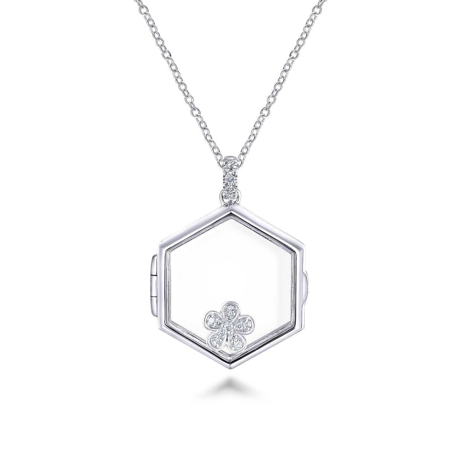 25 inch 14K White Gold Hexagonal Glass Front Locket Necklace