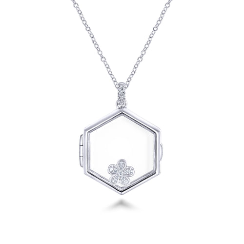 25 inch 14K White Gold Hexagonal Glass Front Locket Necklace