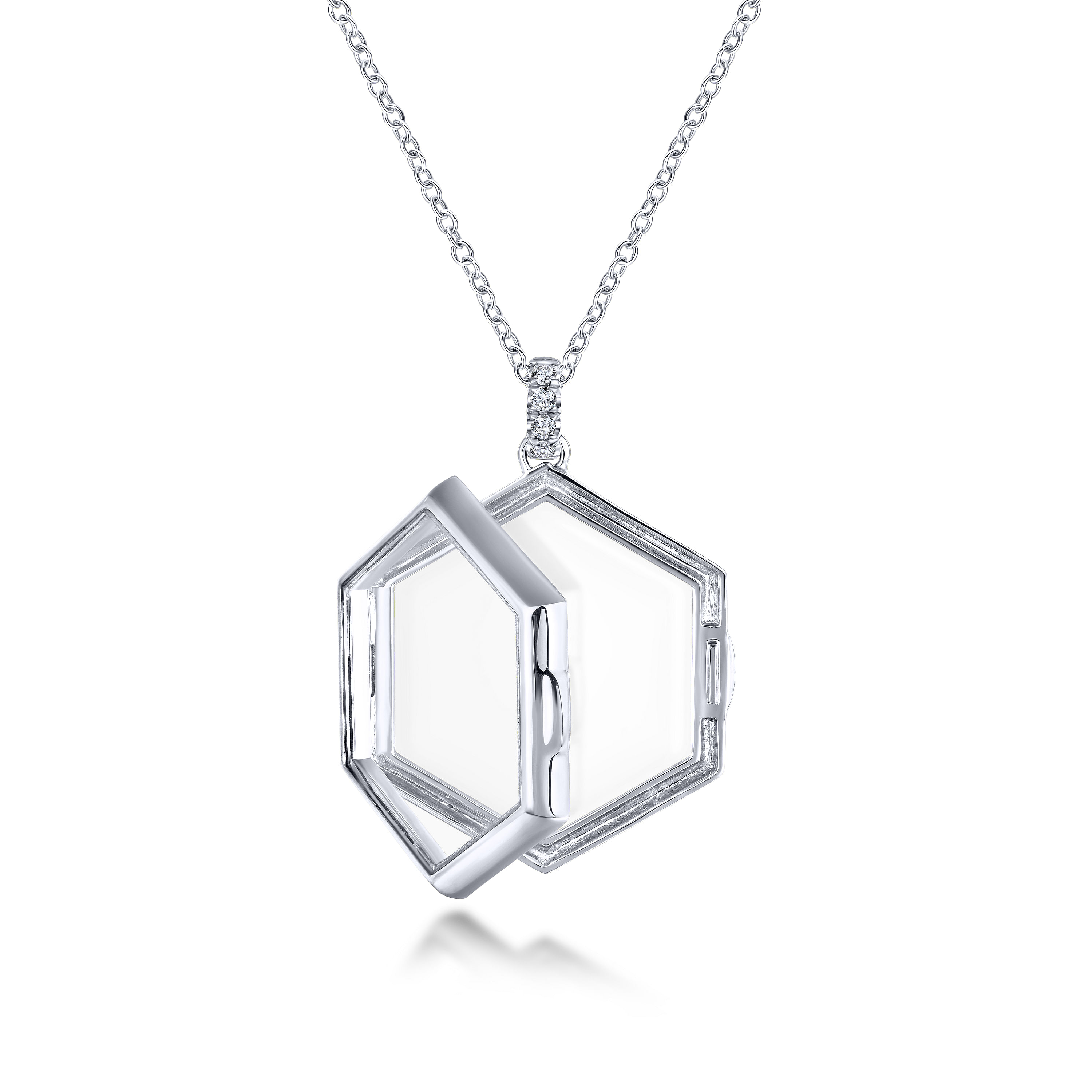 25 inch 14K White Gold Hexagonal Glass Front Locket Necklace