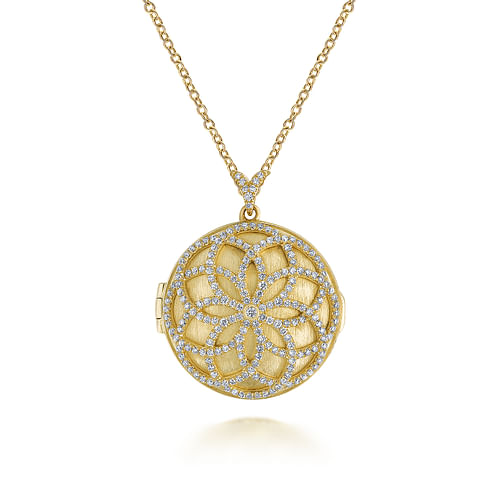 25 inch 14K Yellow Gold Locket Necklace with Floral Diamond Overlay