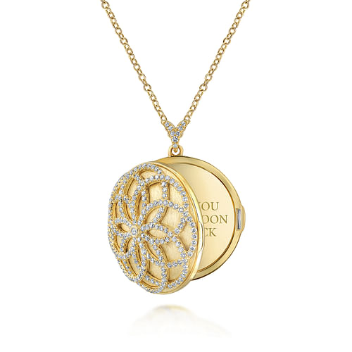 25 inch 14K Yellow Gold Locket Necklace with Floral Diamond Overlay