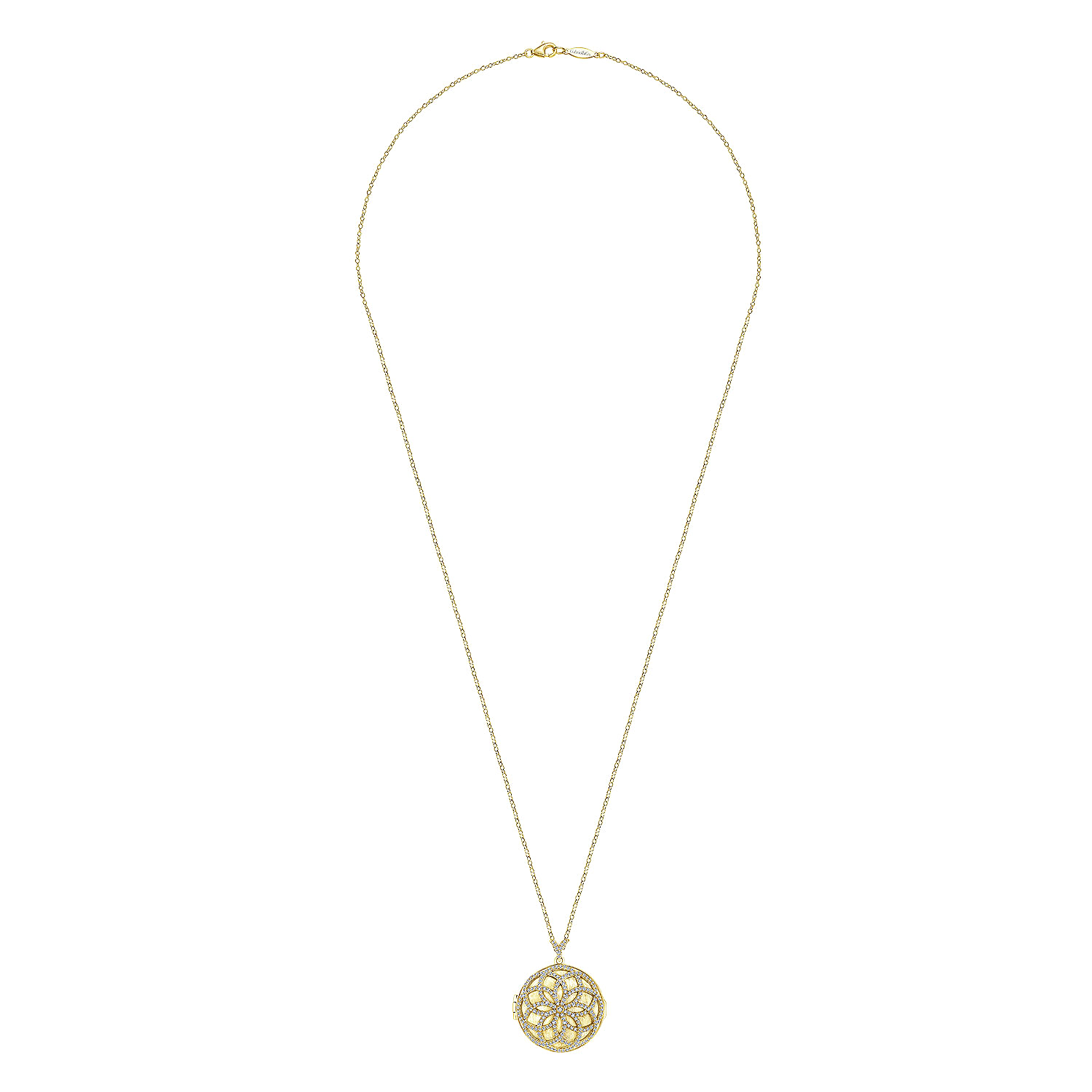 25 inch 14K Yellow Gold Locket Necklace with Floral Diamond Overlay