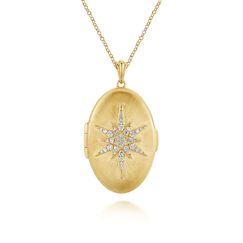 25 inch 14K Yellow Gold Oval Locket Necklace with Diamond Starburst Overlay