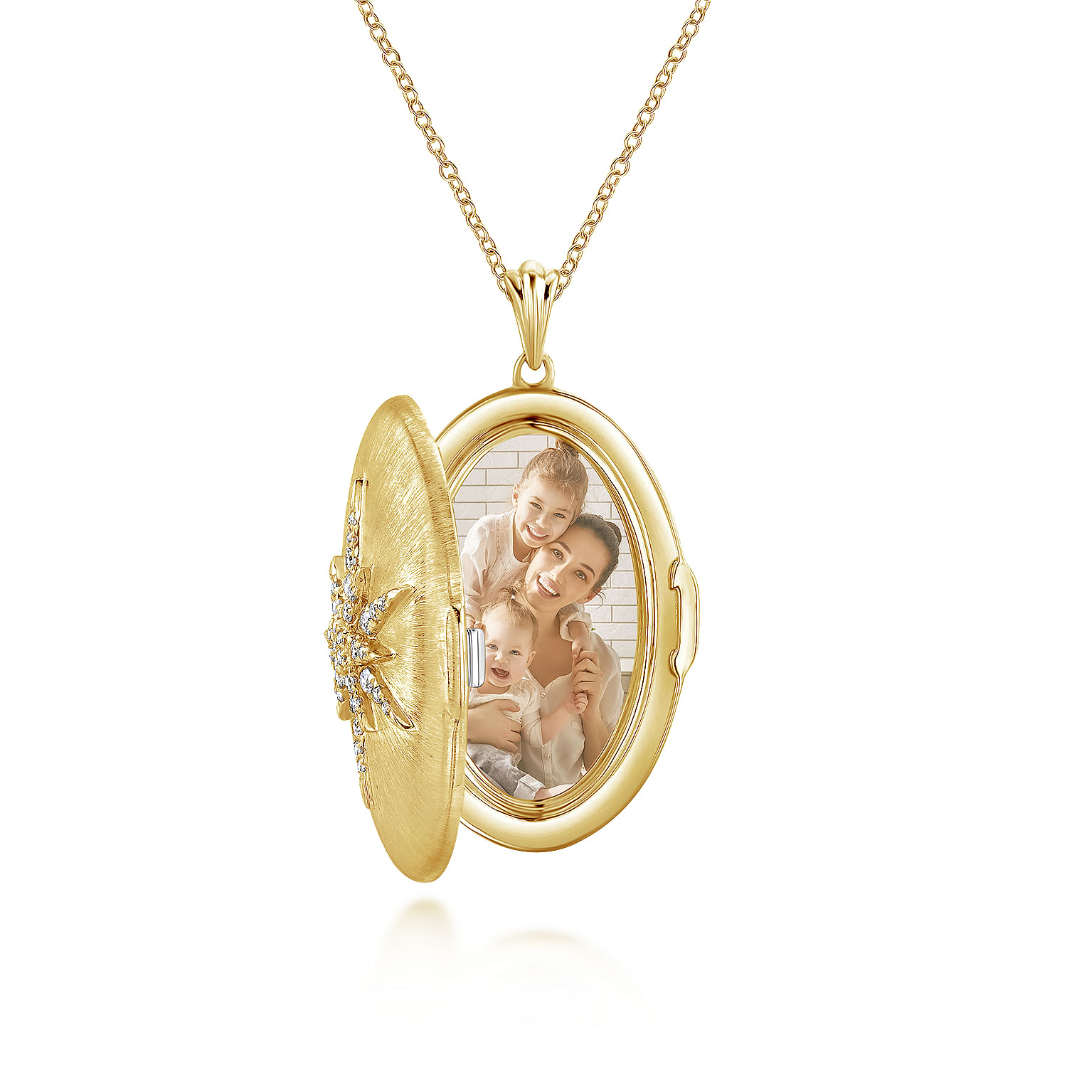 25 inch 14K Yellow Gold Oval Locket Necklace with Diamond Starburst Overlay