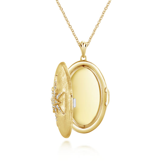 25 inch 14K Yellow Gold Oval Locket Necklace with Diamond Starburst Overlay angle 2