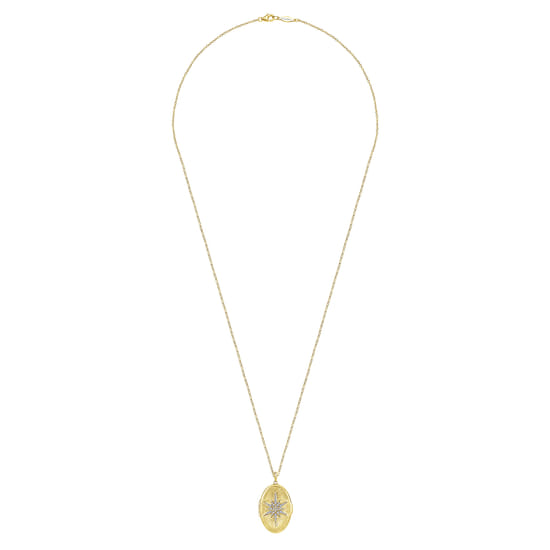 25 inch 14K Yellow Gold Oval Locket Necklace with Diamond Starburst Overlay angle 4