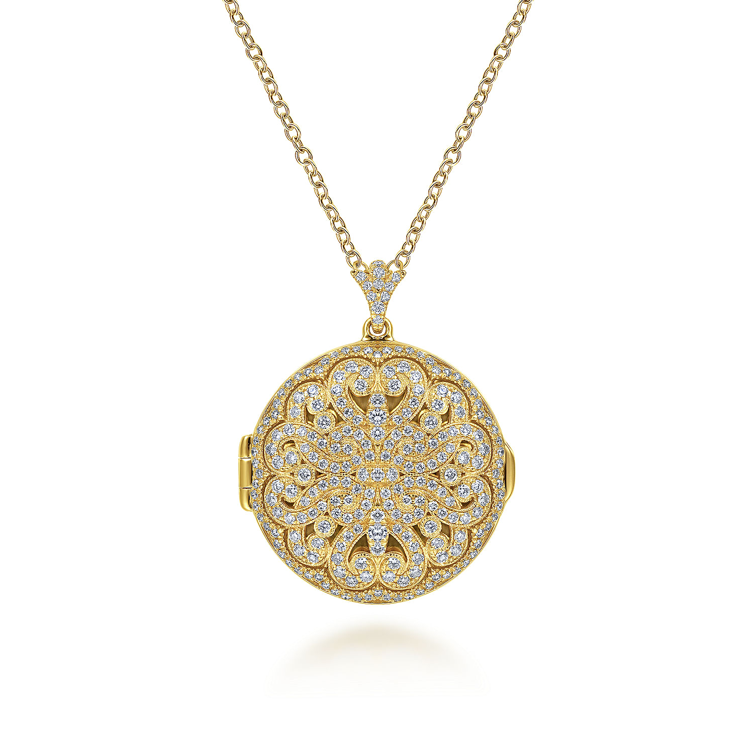 25 inch 14K Yellow Gold Round Filigree and Diamond Locket Necklace