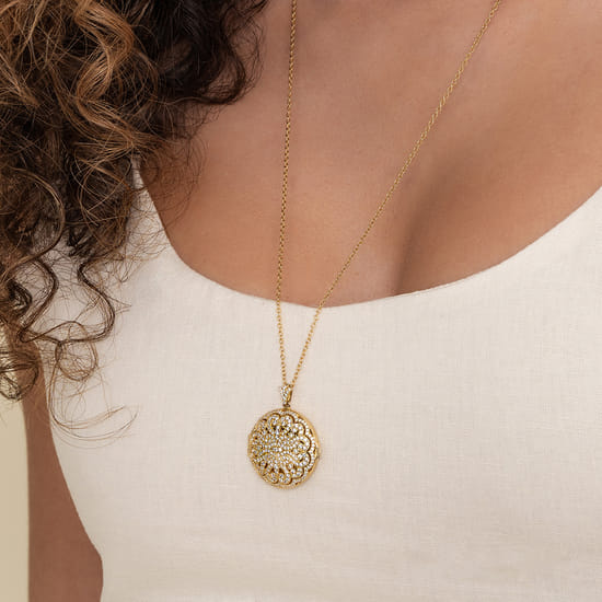 25 inch 14K Yellow Gold Round Filigree and Diamond Locket Necklace angle 5