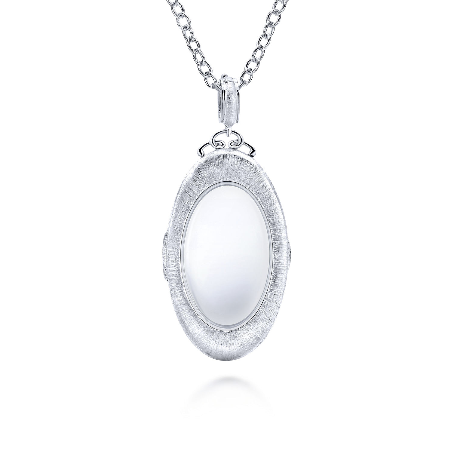 25 inch 925 Sterling Silver Brushed Glass Front Oval Locket Necklace