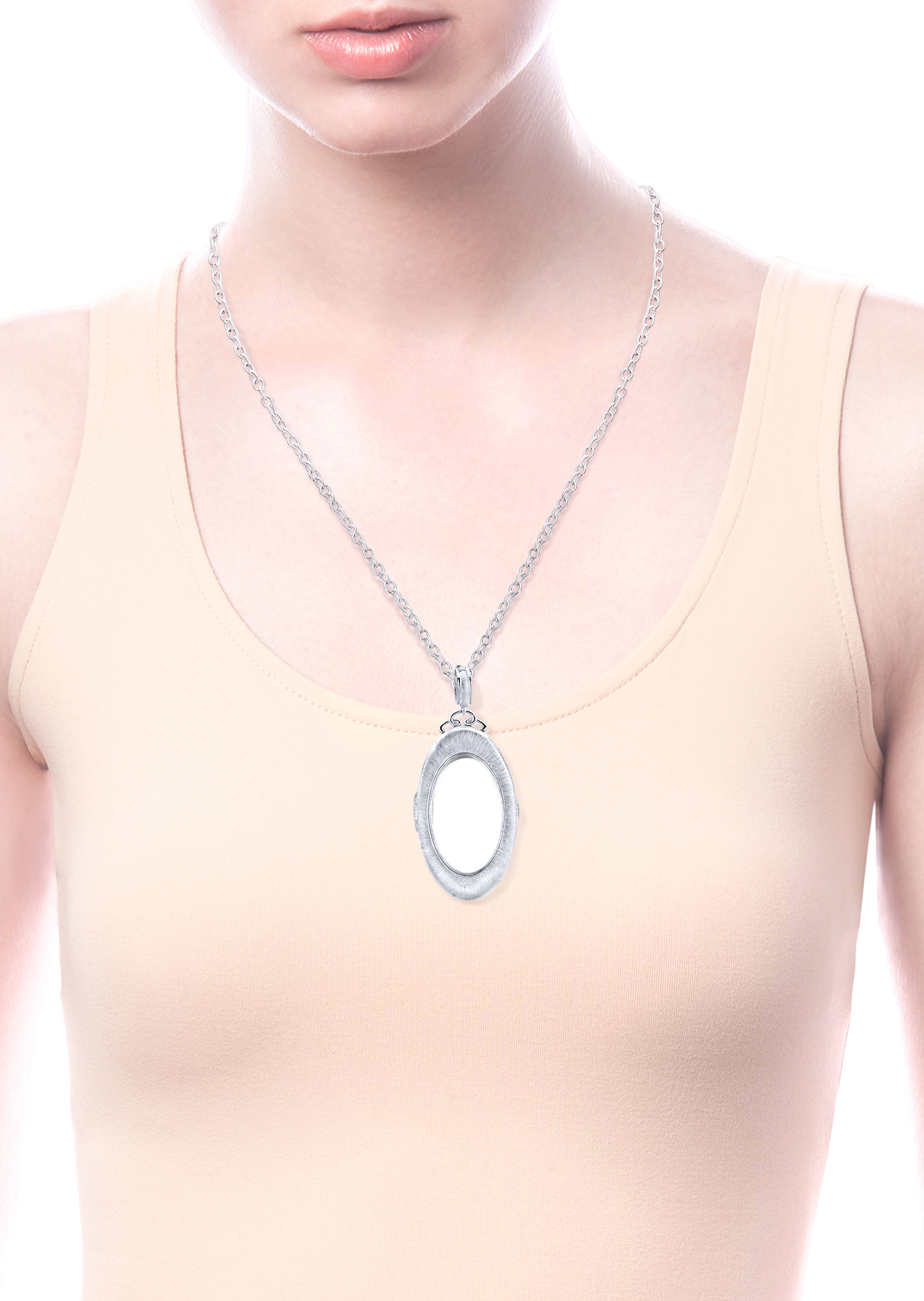 25 inch 925 Sterling Silver Brushed Glass Front Oval Locket Necklace