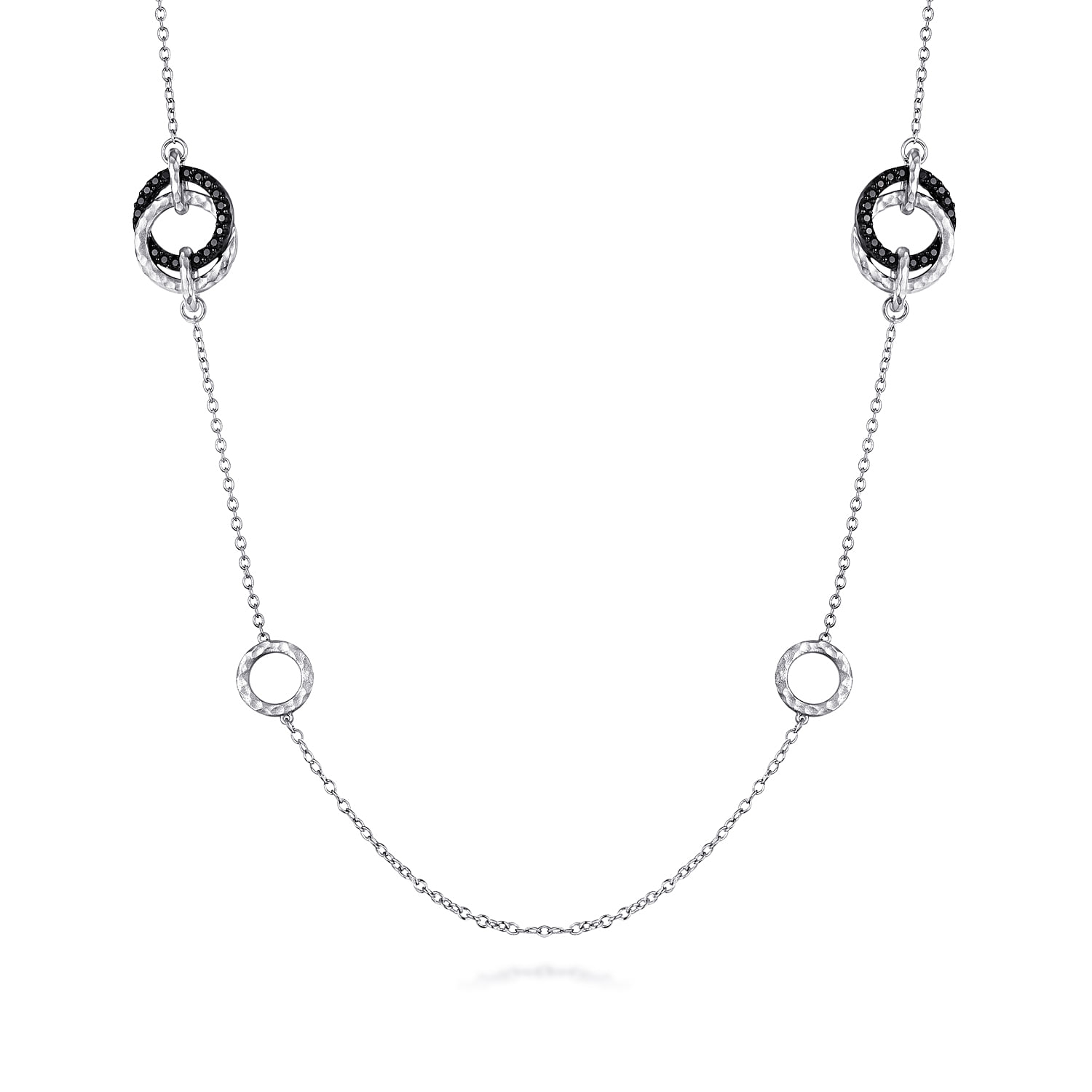 25 inch 925 Sterling Silver Necklace with Black Spinel and Hammered Circle Stations