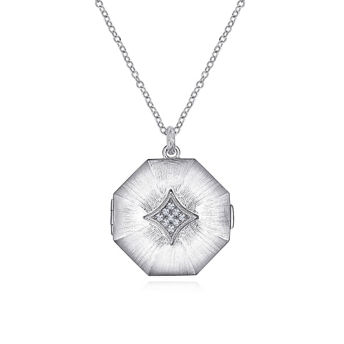 25 inch 925 Sterling Silver Octagonal Locket Necklace with White Sapphire