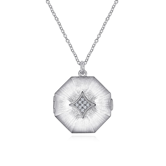 Gabriel - 25 inch 925 Sterling Silver Octagonal Locket Necklace with White Sapphire