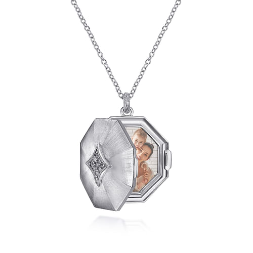 25 inch 925 Sterling Silver Octagonal Locket Necklace with White Sapphire