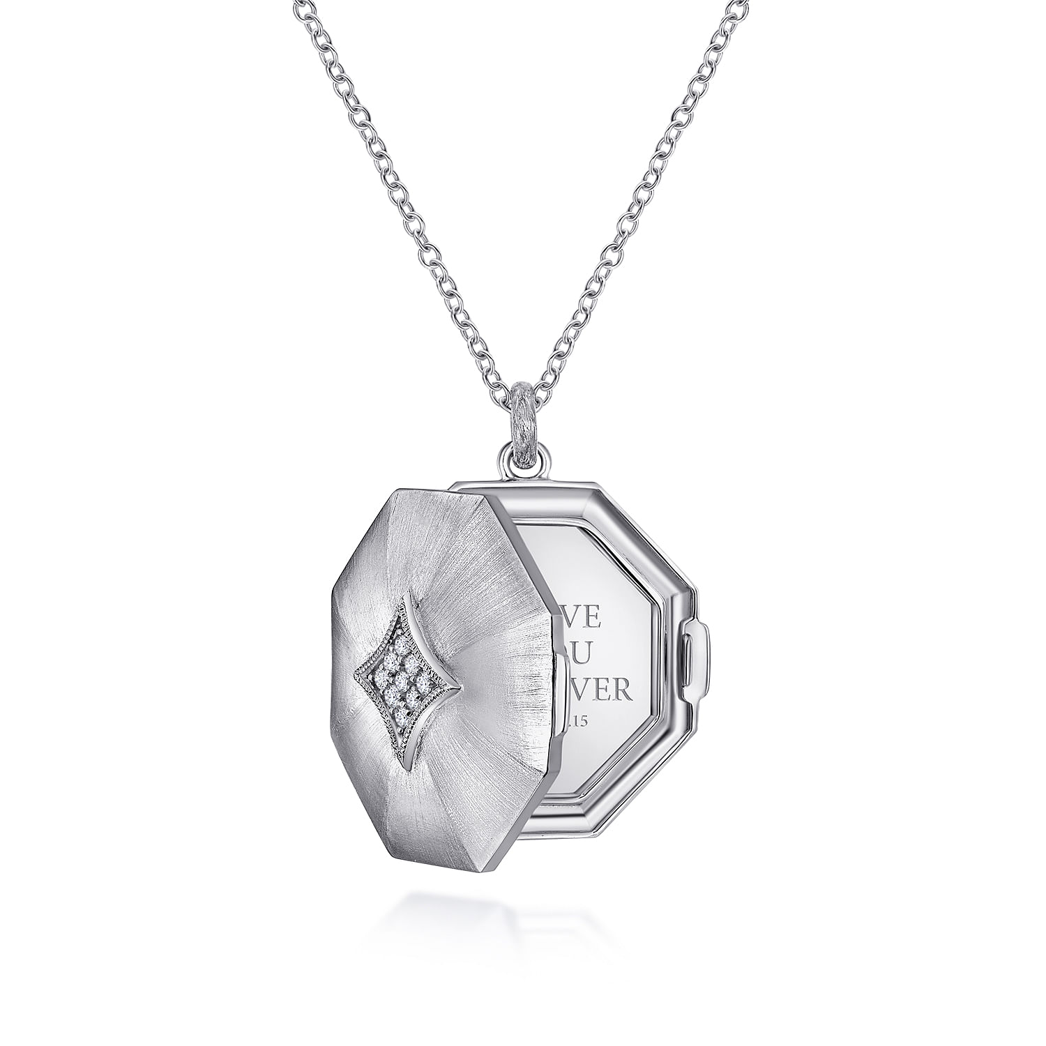 25 inch 925 Sterling Silver Octagonal Locket Necklace with White Sapphire
