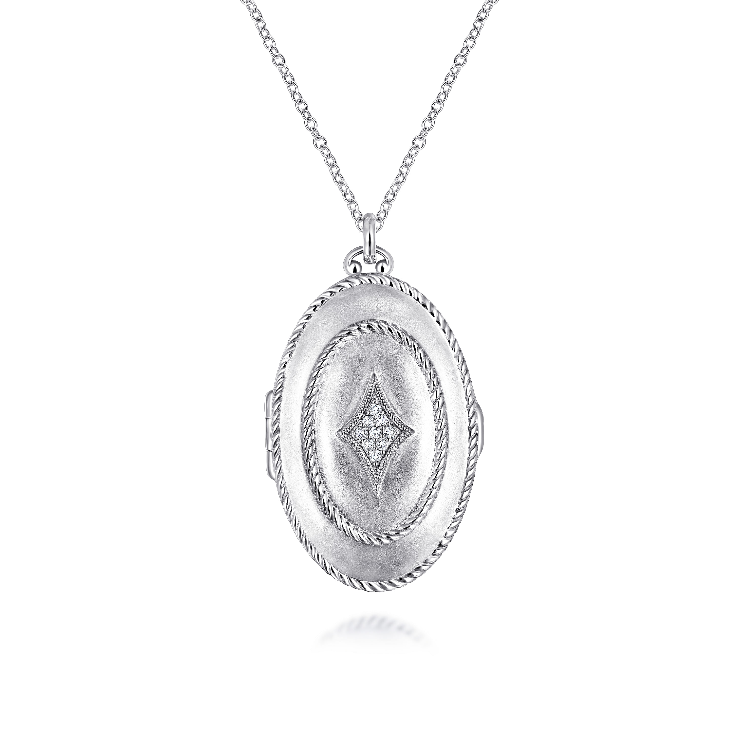 25 inch 925 Sterling Silver Oval Locket Necklace with White Sapphire