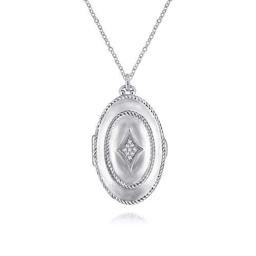 25 inch 925 Sterling Silver Oval Locket Necklace with White Sapphire