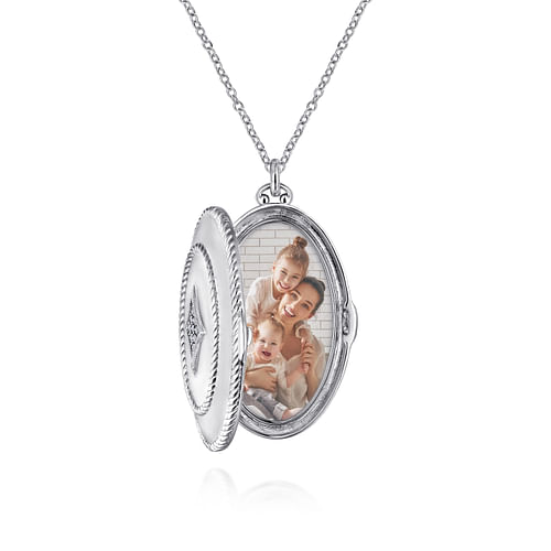 25 inch 925 Sterling Silver Oval Locket Necklace with White Sapphire