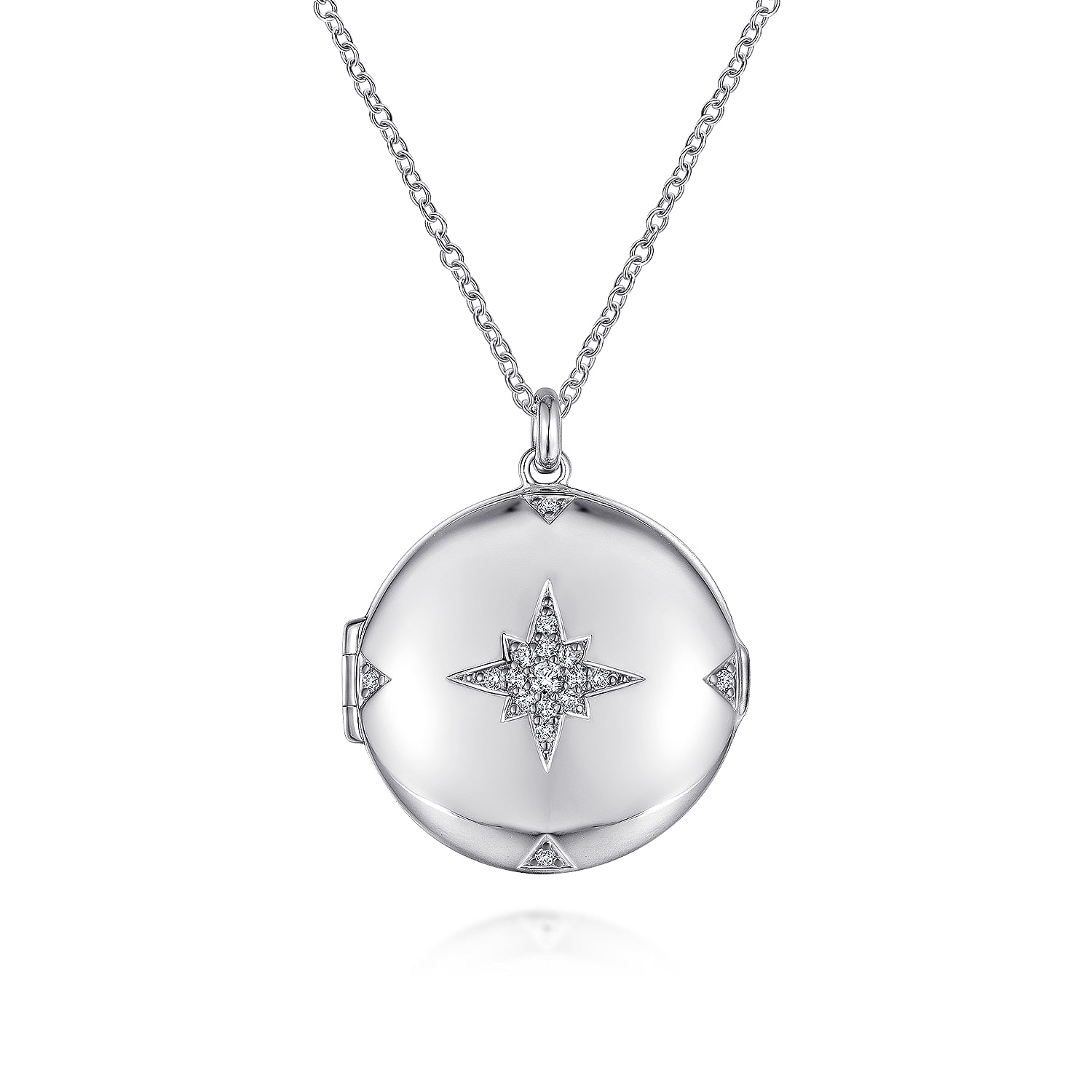 25 inch 925 Sterling Silver Round White Sapphire Starburst Locket Necklace