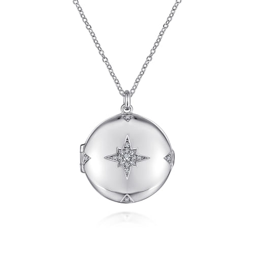 25 inch 925 Sterling Silver Round White Sapphire Starburst Locket Necklace