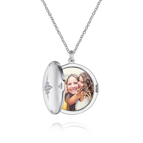 25 inch 925 Sterling Silver Round White Sapphire Starburst Locket Necklace