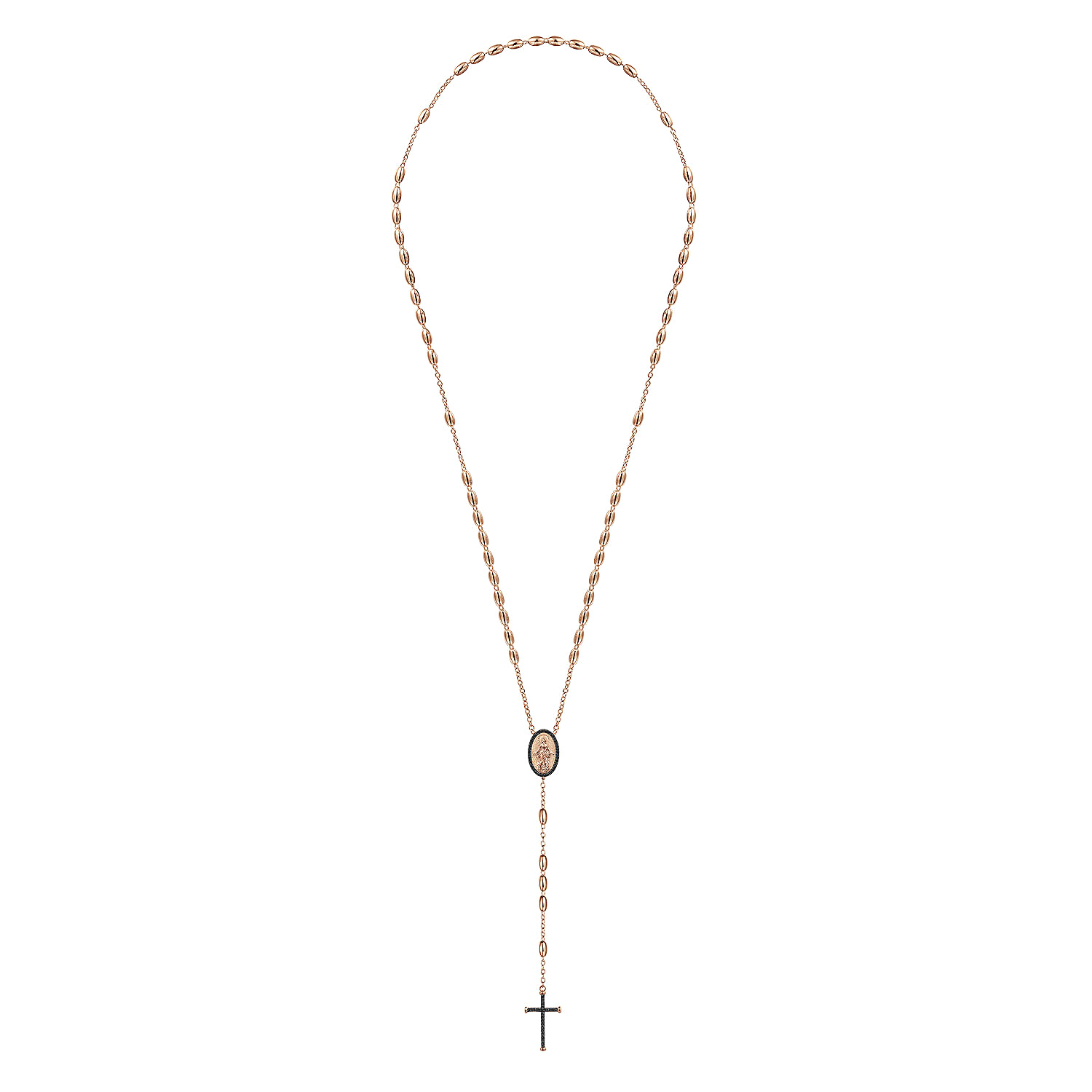 27 Inch 14K Rose Gold Men's Black Diamond Rosary Solid  Men's Chain Necklace