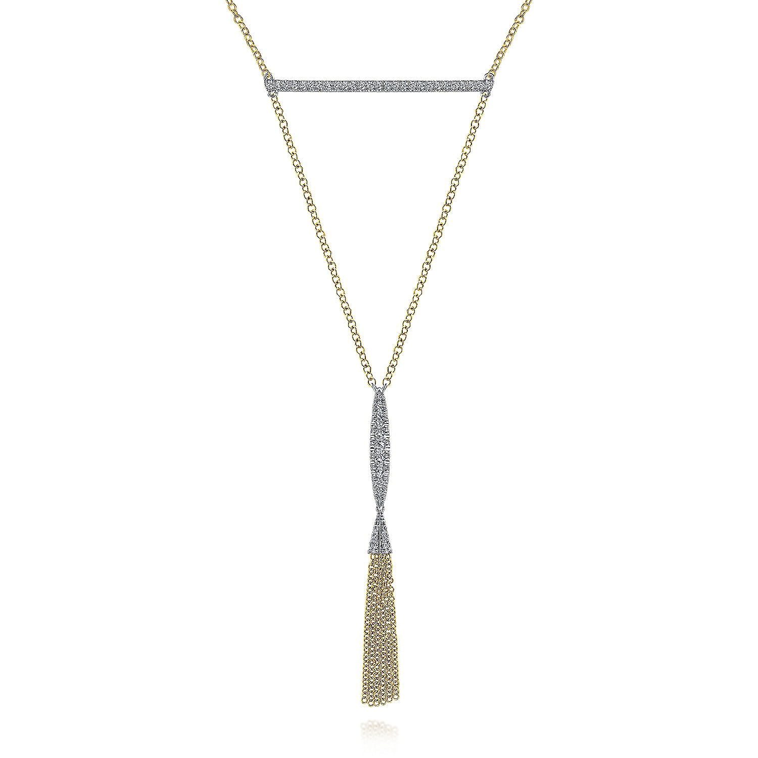 27 inch 14K White Yellow Gold Pavé Diamond Bar and Y Tassel Necklace