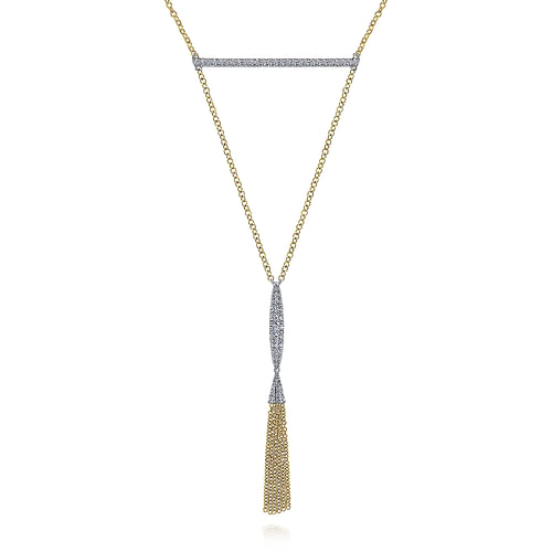 27 inch 14K White Yellow Gold Pavé Diamond Bar and Y Tassel Necklace