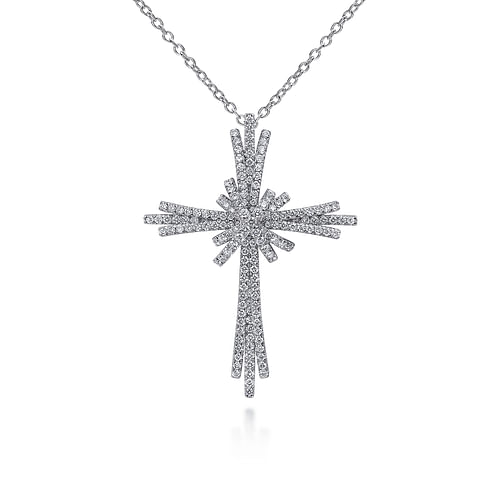 28 inch 14K White Gold Multi Row Diamond Pavé Cross Pendant Necklace