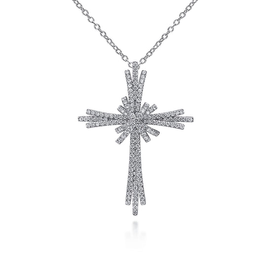 Gabriel - 28 inch 14K White Gold Multi Row Diamond Pavé Cross Pendant Necklace