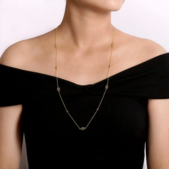28 inch 14K Yellow Gold Multi Circle Casted Station Necklace angle 3 28 inch 14K Yellow Gold Multi Circle Casted Station Necklace angle 3