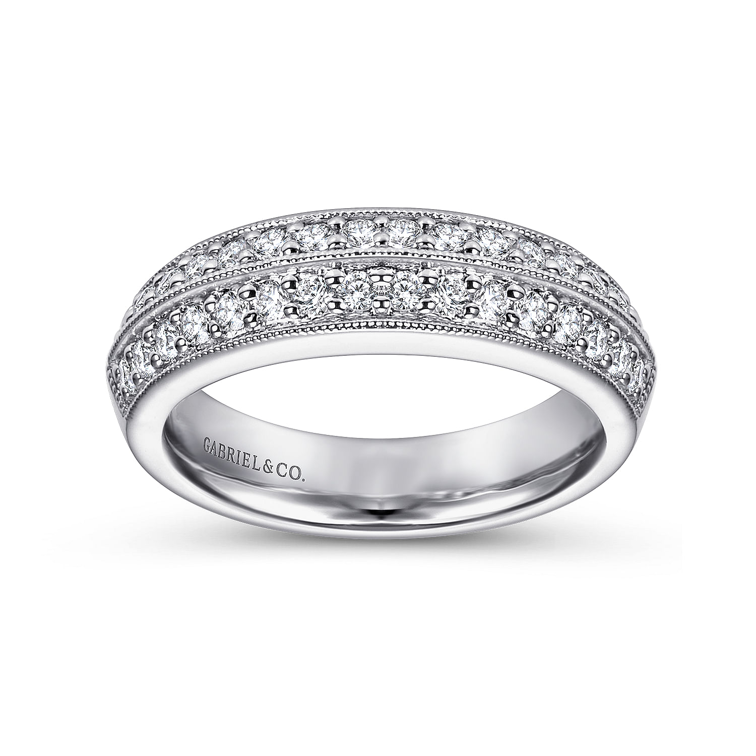 3 Row 14K White Gold Prong Channel Diamond Anniversary Band with Milgrain