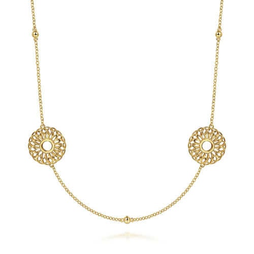 30 inch 14K Yellow Gold Round Openwork Floral Station Necklace