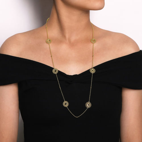 30 inch 14K Yellow Gold Round Openwork Floral Station Necklace