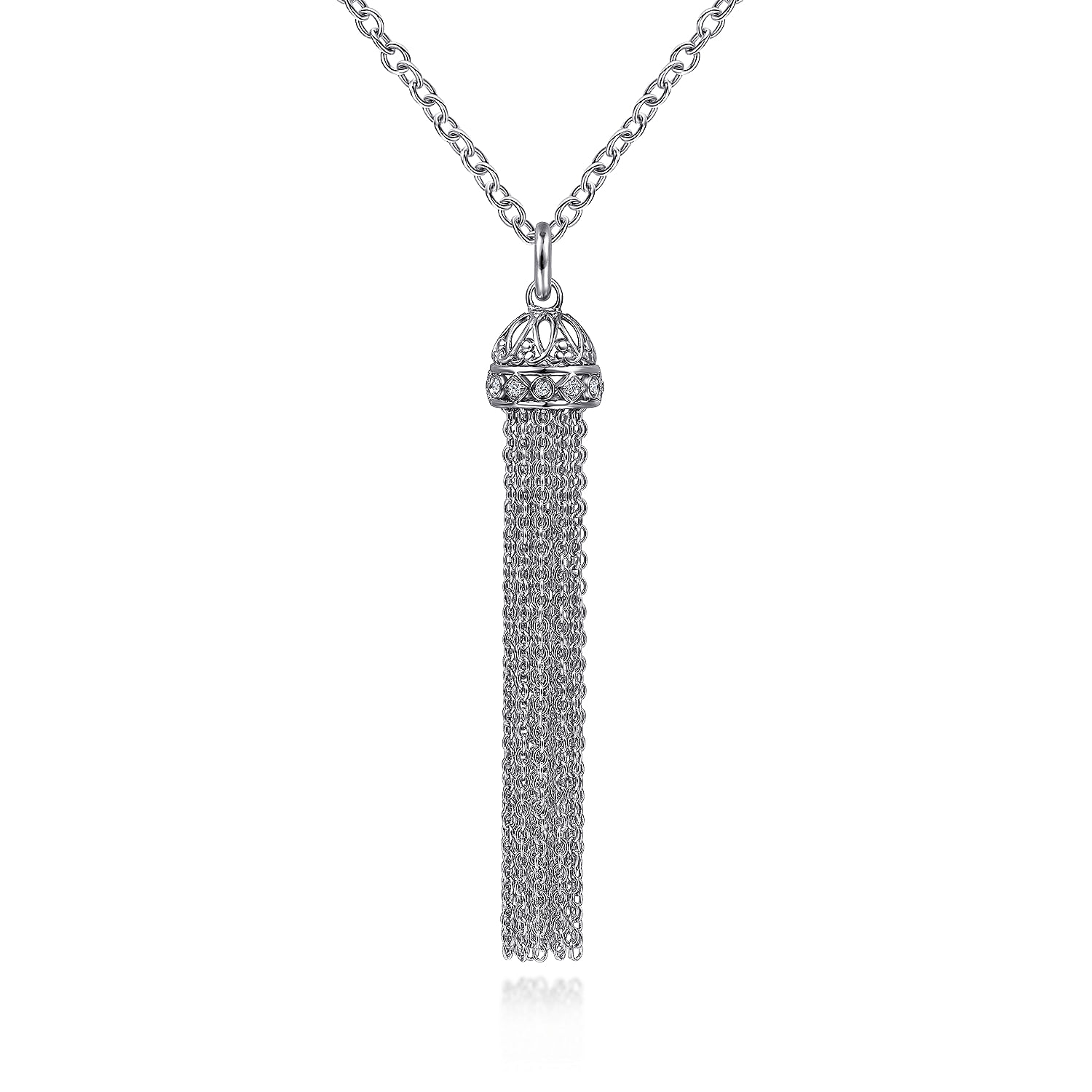 Gabriel - 30 inch 925 Sterling Silver Chain Tassel Necklace with White Sapphire Filigree Cap
