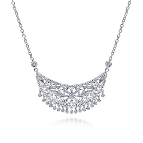30 inch 925 Sterling Silver Cutout Floral Bib Necklace with White Sapphires