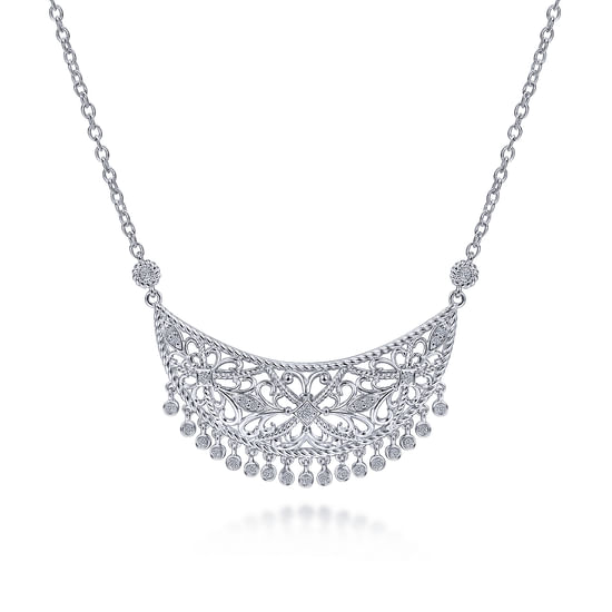 Gabriel - 30 inch 925 Sterling Silver Cutout Floral Bib Necklace with White Sapphires