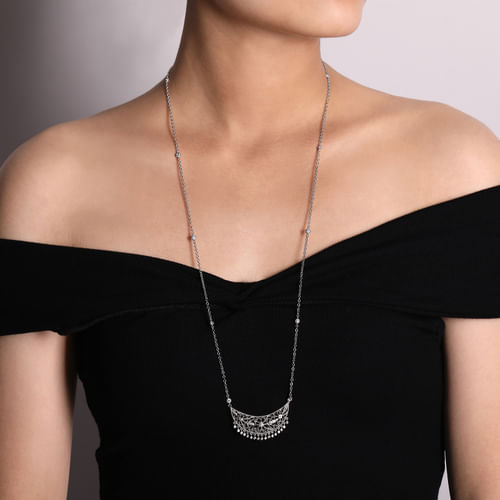 30 inch 925 Sterling Silver Cutout Floral Bib Necklace with White Sapphires