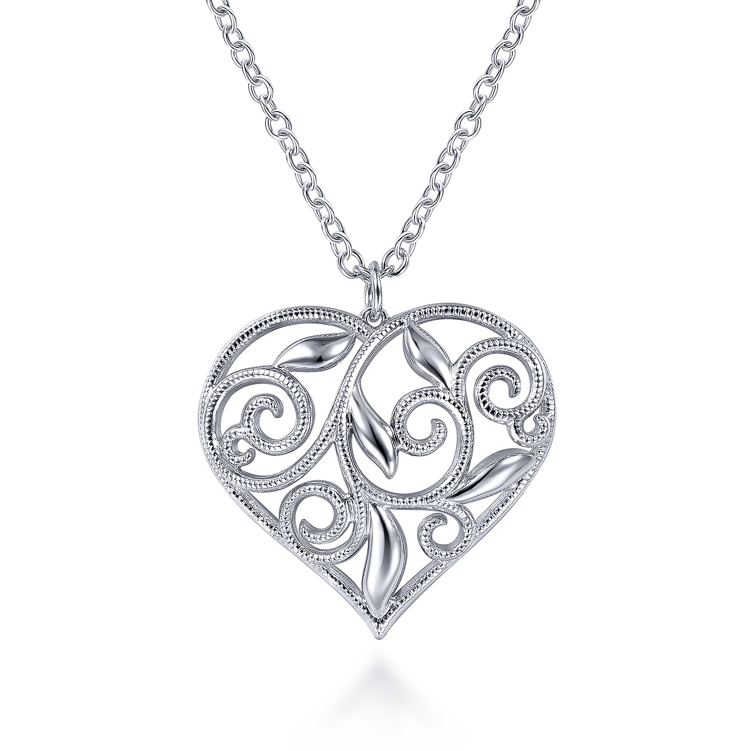 30 inch 925 Sterling Silver Floral Inlay Heart Pendant Necklace