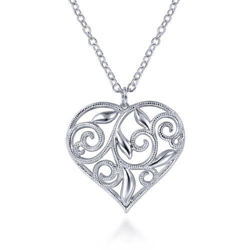30 inch 925 Sterling Silver Floral Inlay Heart Pendant Necklace
